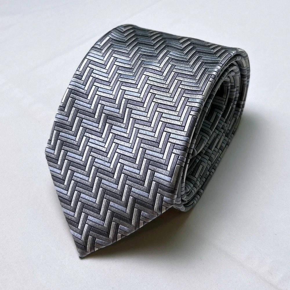 Cezani Mens Silk Woven Basketweave Geometric Necktie OS Grey Silver Business